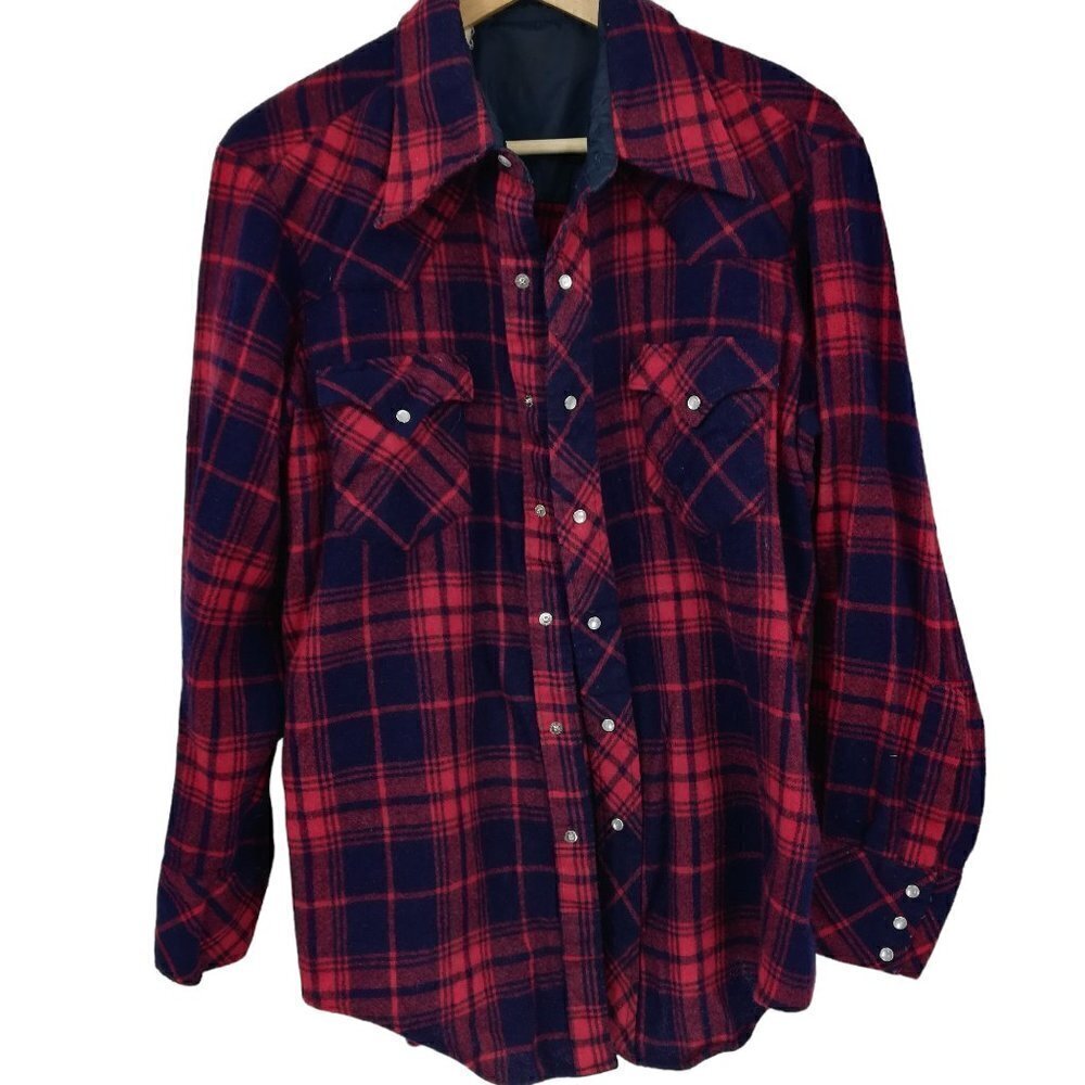 Vintage Wool Western Pearl Snap Plaid Shirt Size M? Long Sleeve Pockets Red Blue